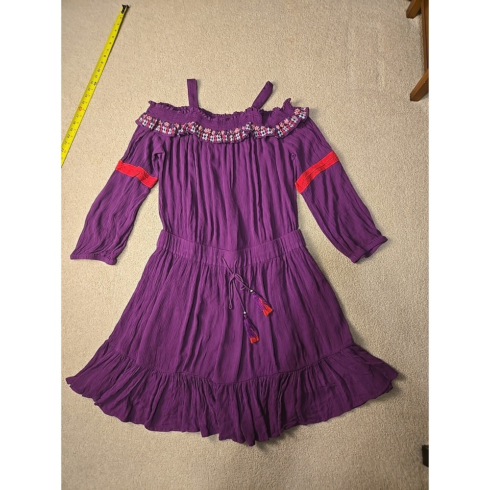 Roaman's Dress Size 20W Purple Crinkle Embroidered Ruffle Boatneck Long Sleeve